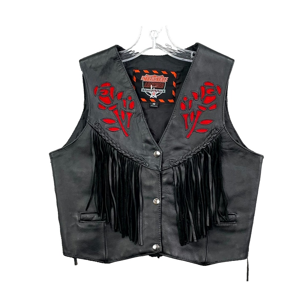 Interstate Leather Vest Womens Medium Fringe Western Cowgirl Riding Biker Moto